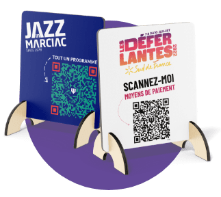 Deux présentoirs permettant le scan de QR Codes dédié à des festivals (Jazz in Marciac et Les Déferlantes Sud de France)