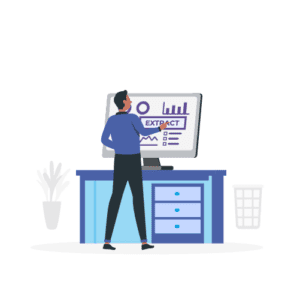 Communiquer efficacement. Illustration d'un homme devant un ordinateur qui affiche des statistiques